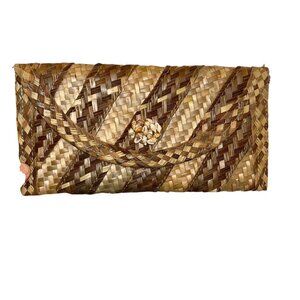 straw mini-cowrie shell embellished checkbook sized wallet clutch bag purse